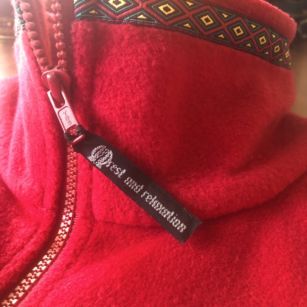 90’s R&R Vintage Zip-Down Red Fleece Sweater ✨ Aztec Collar detail Made in Korea